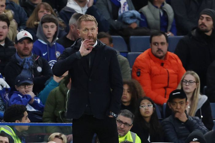 Chelsea manager Graham Potter gestures during Premier League match against Aston Villa.
