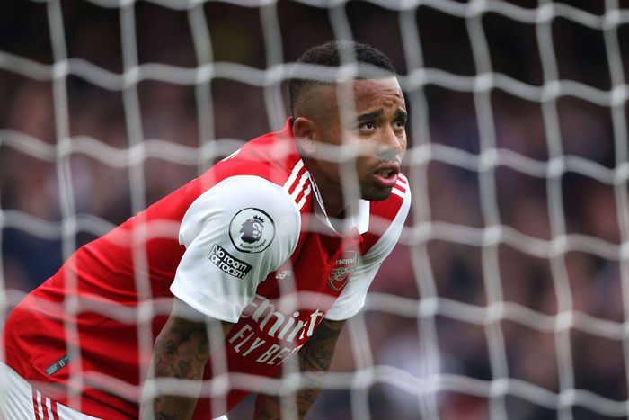 Arsenal striker Gabriel Jesus watches on during Premier League match against Leeds United.