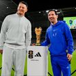 Patrick Mahomes teams up with Lionel Messi as the superstars pose with the FIFA World Cup trophy.