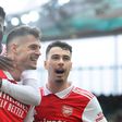 Bukayo Saka, Gabriel Martinelli and Granit Xhaka celebrate an Arsenal goal.