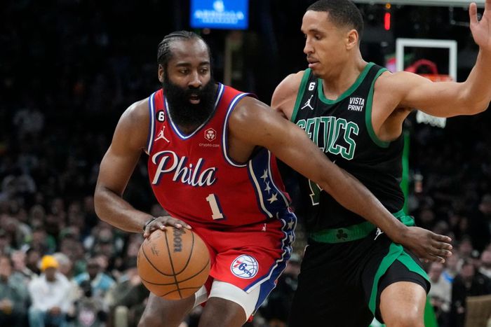 Philadelphia 76ers star James Harden in action against the Boston Celtics
