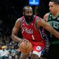 Philadelphia 76ers star James Harden in action against the Boston Celtics