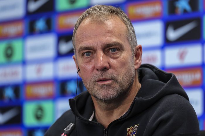 May 2, 2025, Sant Joan Despi, Barcelona, SPAIN: Hansi Flick, head coach of FC Barcelona, Barca attends his press conference, during the training day of FC Barcelona ahead the Spanish League, La Liga football match against Real Valladolid