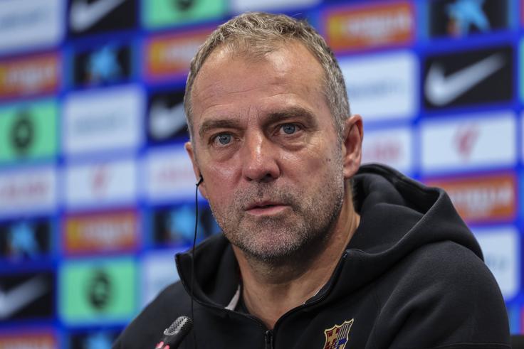 May 2, 2025, Sant Joan Despi, Barcelona, SPAIN: Hansi Flick, head coach of FC Barcelona, Barca attends his press conference, during the training day of FC Barcelona ahead the Spanish League, La Liga football match against Real Valladolid