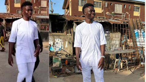 Nigerians react as Bukayo Saka dishes out white Yoruba traditional attire in Bariga, Lagos