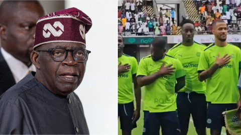 Ekong, Siasia, Sabinus, Falz and other celebrities struggle with new national anthem during charity football match