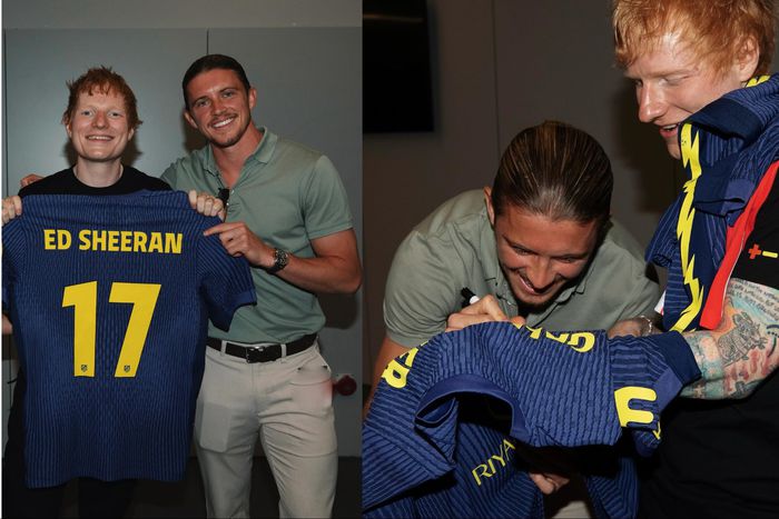 In Madrid, England star Conor Gallagher gifts superstar musician Ed Sheeran an Atlético Madrid jersey.
