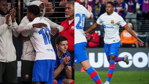 Ansu Fati celebrates with Dembele as Barcelona struggles to beat AC Milan