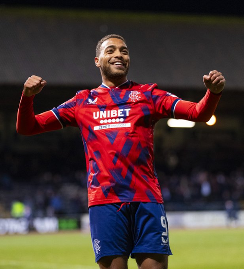 Cyriel Dessers celebrates his latest goal for Rangers.