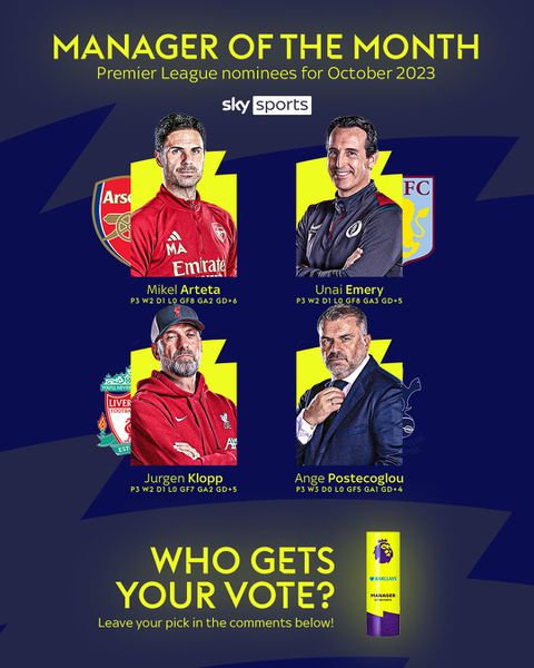 Premier League Manager of the Month Nominees for October || Credit: X
