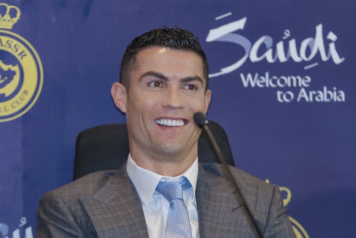 Ronaldo at his unveiling press conference for Al-Nassr
