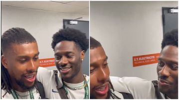 Why stare at me like that? Iwobi and Ola Aina's bromance lights up Super Eagles celebrations after Angola win