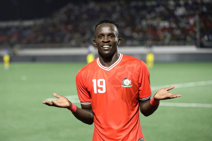 Ryan Ogam celebrating his maiden goal for Harambee Stars