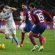 Miguel Gutierrez (3) of Girona FC dribbles Ronald Araujo (4) of FC Barcelona (left), Ilkay Gündogan (22) of FC Barcelona and Andreas Christensen (15) of FC Barcelona during the match between FC Barcelona and Girona FC || Image credit: Imago