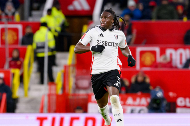 Calvin Bassey of Fulham FC runs with the ball during the Emirates FA Cup 2024 25 5th Round match between Manchester United, ManU FC and Fulham FC at Old Trafford on March 02, 2025 in Manchester, England. (Richard Callis SPP)
