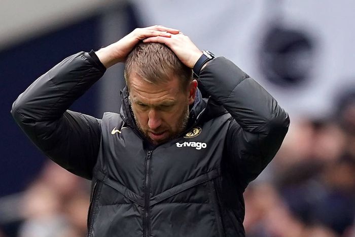 Graham Potter reacts during Chelsea game at Stamford Bridge.
