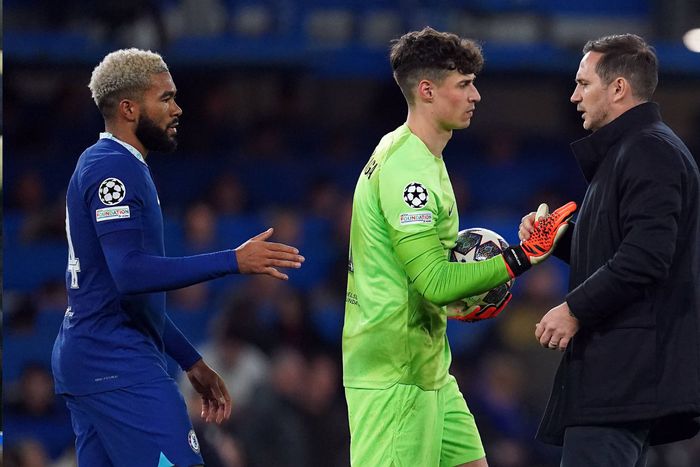 Reece James, Kepa Arrizabalaga and Frank Lampard of Chelsea.