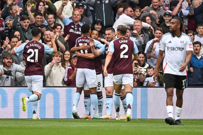 Youri Tielemans of Aston Villa celebrates his goal to make it 1-0 during the Aston Villa vs Fulham Premier League match at Villa Park, Birmingham. Picture credit: Craig Thomas