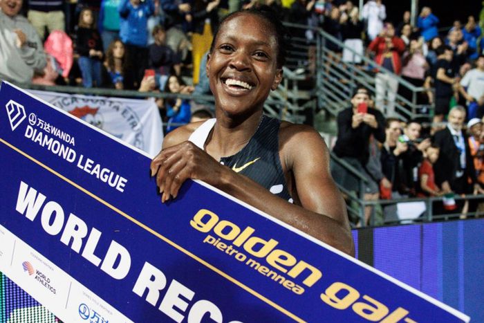 Faith Kipyegon after breaking the 1,500m world record in Florence.