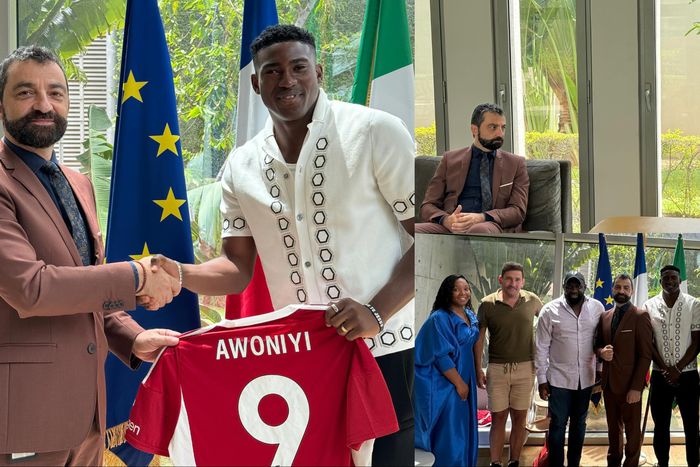 Super Eagles star Taiwo Awoniyi teams up with France's Ambassador to Nigeria ahead of the 2024 Paris Olympics.