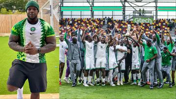 Adebayo Akinfenwa celebrates Super Eagles Unity Cup victory