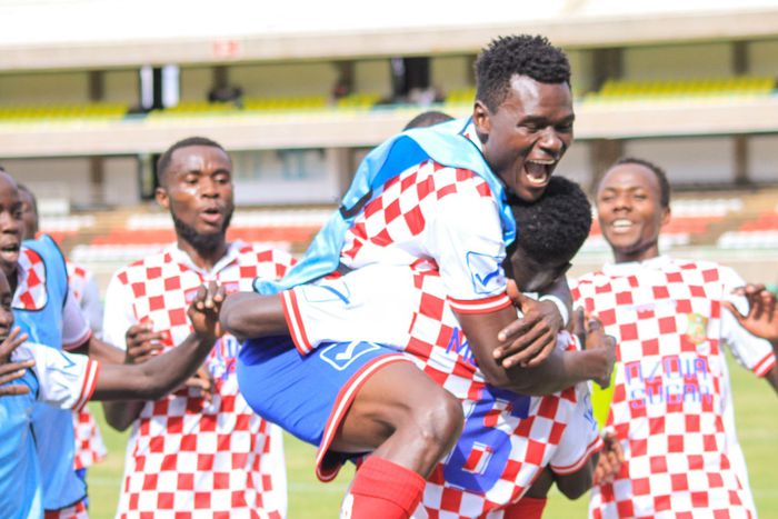 Nzoia Sugar players celebrate a goal by Joseph Mwangi.