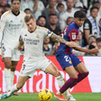 Toni Kroos (Real Madrid CF) and Lamine Yamal FC Barcelona, Barca battle for the ball, La Liga EA Sports match round 32, Real Madrid v Futbol Club Barcelona, Santiago Bernabeu Stadium, April 21, 2024, Madrid, Spain. || Image credit: Imago