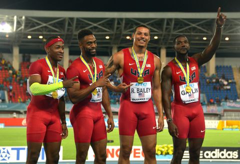 L-R Michael Rodgers Tyson Gay and Ryan Bailey and Justin Gatlin at the IAAF World Relays in 2015.