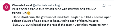 Imo State Governor Hope Uzodimma came under criticism for hosting Super Falcons of Nigeria players from Imo with Igbo ancestry for the WAFCON title.