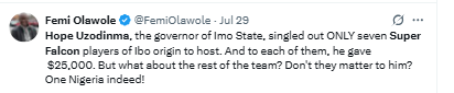 Imo State Governor Hope Uzodimma came under criticism for hosting Super Falcons of Nigeria players from Imo with Igbo ancestry for the WAFCON title.