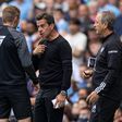 Marco Silva reacts after Manchester City s second goal was allowed to stand during the FA Premier League match between Manchester City FC and Fulham FC at the City of Manchester Stadium || Imago