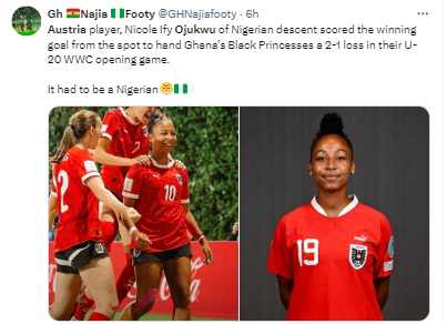 See what Ghanaians are saying about Nigerian-born Nicole Ojukwu who scored the winner for Austria at 2024 FIFA U-20 World Cup.