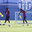 Lamine Yamal, Jules Kounde, Ferran Torres and Alejandro Balde during the training day of FC Barcelona || Image credit: Imago