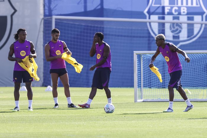 Lamine Yamal, Jules Kounde, Ferran Torres and Alejandro Balde during the training day of FC Barcelona || Image credit: Imago