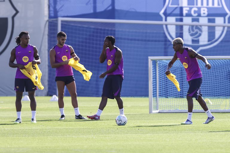 Lamine Yamal, Jules Kounde, Ferran Torres and Alejandro Balde during the training day of FC Barcelona || Image credit: Imago