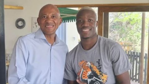 Namibian sprint legend Frank Fredericks meets  Botswana's speed sensation Letsile Tebogo