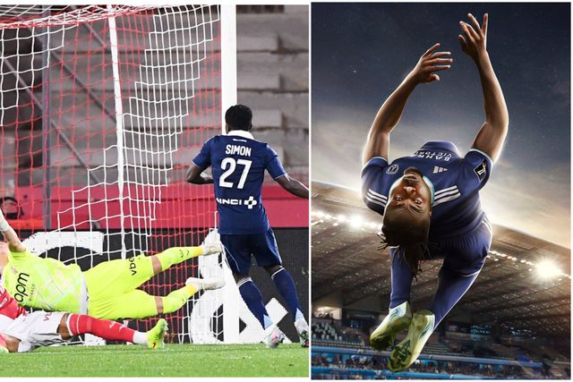 Moses Simon of Paris FC celebrating his goal against AS Monaco on the pitch at Stade Louis II, surrounded by teammates.