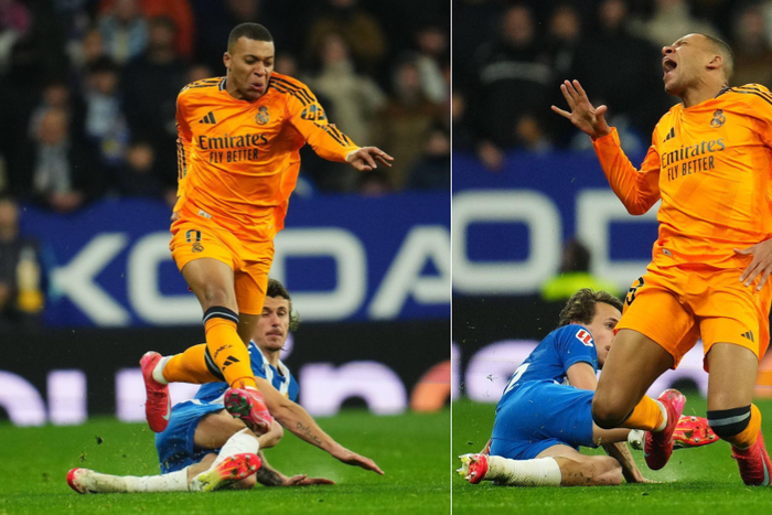 Carlos Romero of RCD Espanyol commits a foul on Kylian Mbappe of Real Madrid during the La Liga match between RCD Espanyol and Real Madrid played at RCDE Stadium on February 1, 2025 in Barcelona, Spain. kpng Copyright: xPressinphotox
