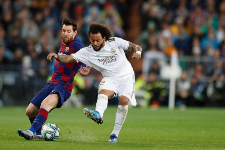 L-R Lionel Messi Barcelona, Marcelo Real, MARCH 1, 2020 - Football Soccer : Spanish La Liga Santander match between Real Madrid CF 2-0 FC Barcelona, Barca at the Santiago Bernabeu Stadium in Madrid, Spain. || Image credit: Imago