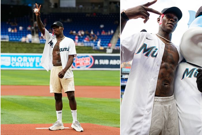 Ahead of the fight against Alex Pereira, Israel Adesanya arrives in Miami and throws the first pitch for the Marlins.