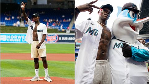 Israel Adesanya throws 1st pitch for the Miami Marlins