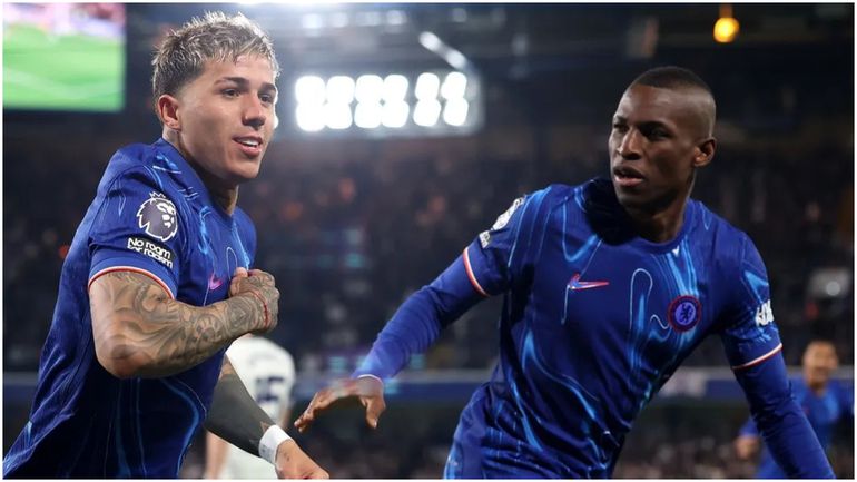 Enzo Fernandez and Nicolas Jackson celebrate the winner for Chelsea.