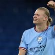 Erling Haaland celebrates goal for Manchester City.