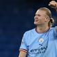 Erling Haaland celebrates goal for Manchester City.