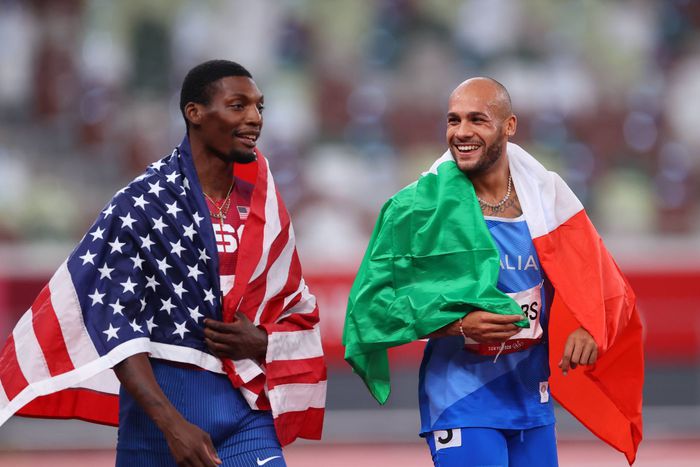 Fred Kerley (L) and Marcel Jacobs during the 2020 Tokyo Olympics