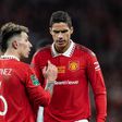 Manchester United defenders Raphael Varane and Lisandro Martinez