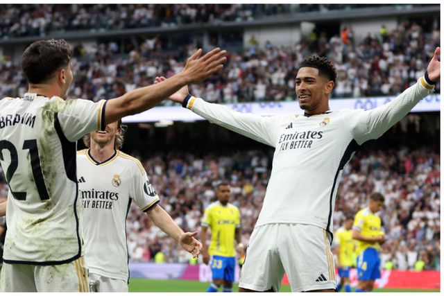 Brahim Diaz and Bellingham celebrate at the Bernabeu.