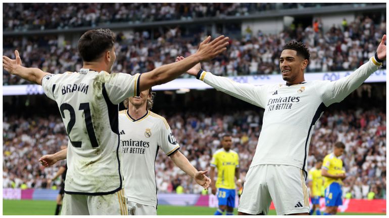 Brahim Diaz and Bellingham celebrate at the Bernabeu.