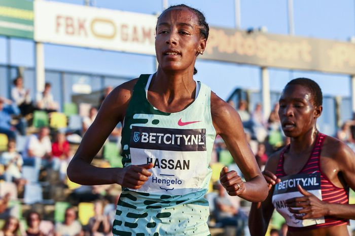 Sifan Hassan leads Grace Nawuwona during the 10,000m race at the FBK Games in Hengelo