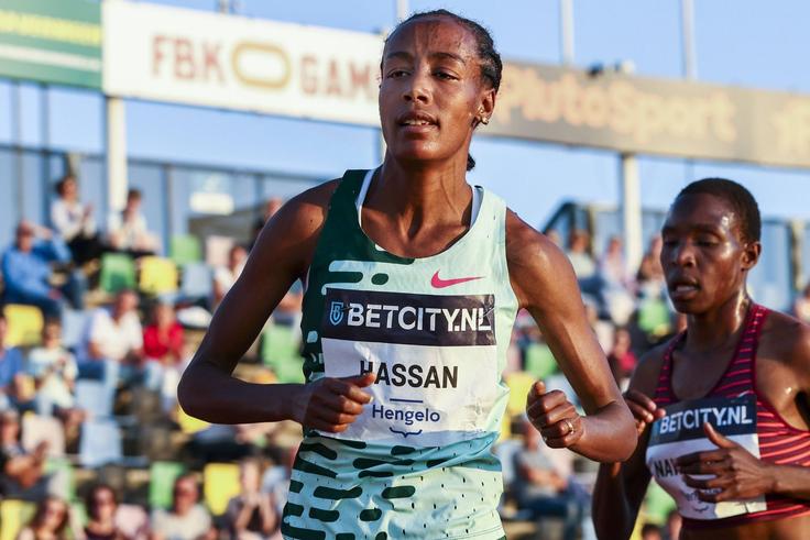 Sifan Hassan leads Grace Nawuwona during the 10,000m race at the FBK Games in Hengelo